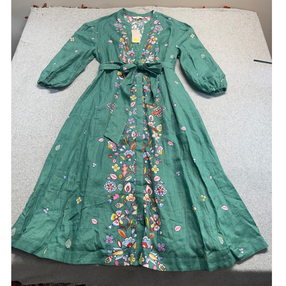 Boden Embroidered Linen Midi Dress Womens 10P Green Floral NWT Party Whimsical